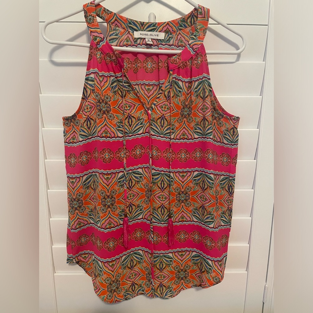 Rose + Olive XS pink and orange sleeveless top with tassels at neckline